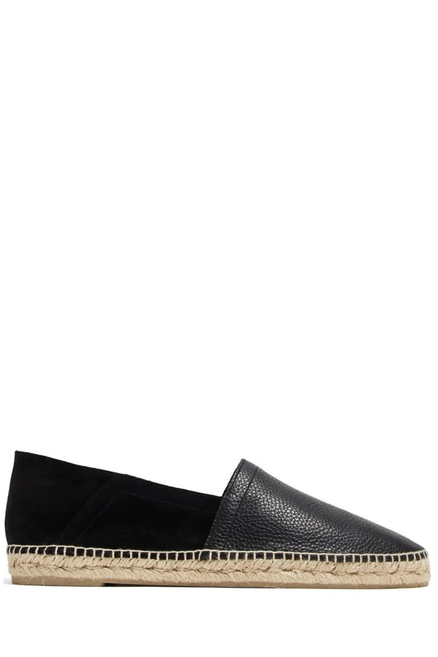 Castañer men’s espadrilla polo black slip-on shoe with black leather upper textured toe cap and woven jute sole