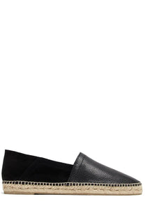 Castañer men’s espadrilla polo black slip-on shoe with black leather upper textured toe cap and woven jute sole