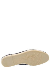 Black espadrille flat shoe with woven jute sole and cream rubber outsole embossed with cafar brand name cursive
