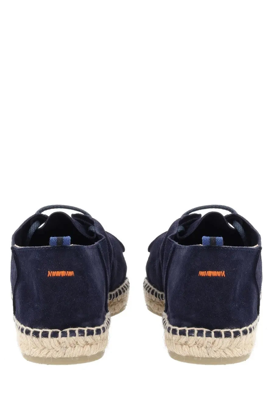 Navy blue suede Castañer men’s espadrille Ned with woven jute soles and orange branding on the back heel