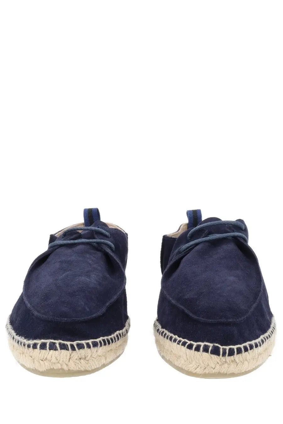 Navy blue suede espadrilles with woven jute soles and matching laces by Castañer men’s espadrille Ned blue
