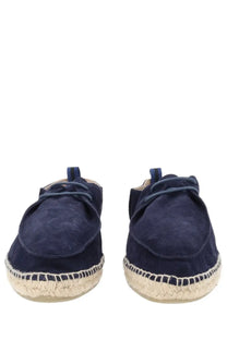 Navy blue suede espadrilles with woven jute soles and matching laces by Castañer men’s espadrille Ned blue