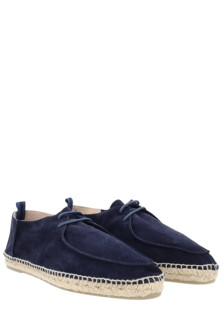 Navy blue suede espadrille loafers with braided jute soles and matching laces from Castañer Men’s Espadrille Ned Blue