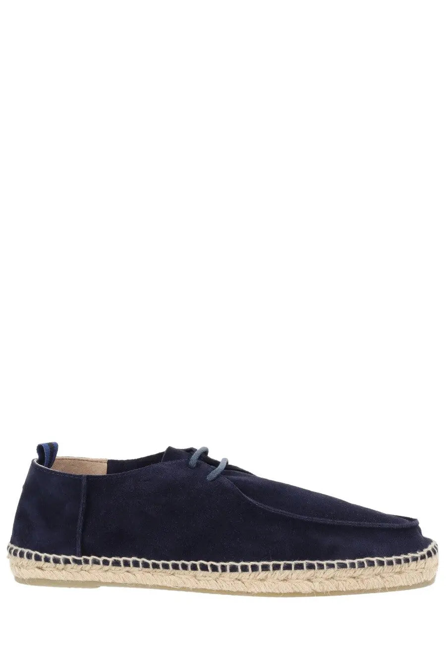 Castañer men’s espadrille ned blue in navy blue suede with woven jute sole and matching laces front view