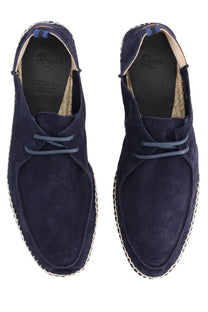 Castañer men’s espadrille ned blue navy blue suede shoes with light gray laces and woven jute sole