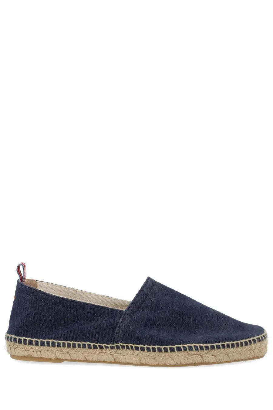 Navy blue suede espadrille slip-on shoe with woven jute sole from Castañer Men’s Espadrille Pablo Blue collection