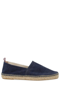 Navy blue suede espadrille slip-on shoe with woven jute sole from Castañer Men’s Espadrille Pablo Blue collection