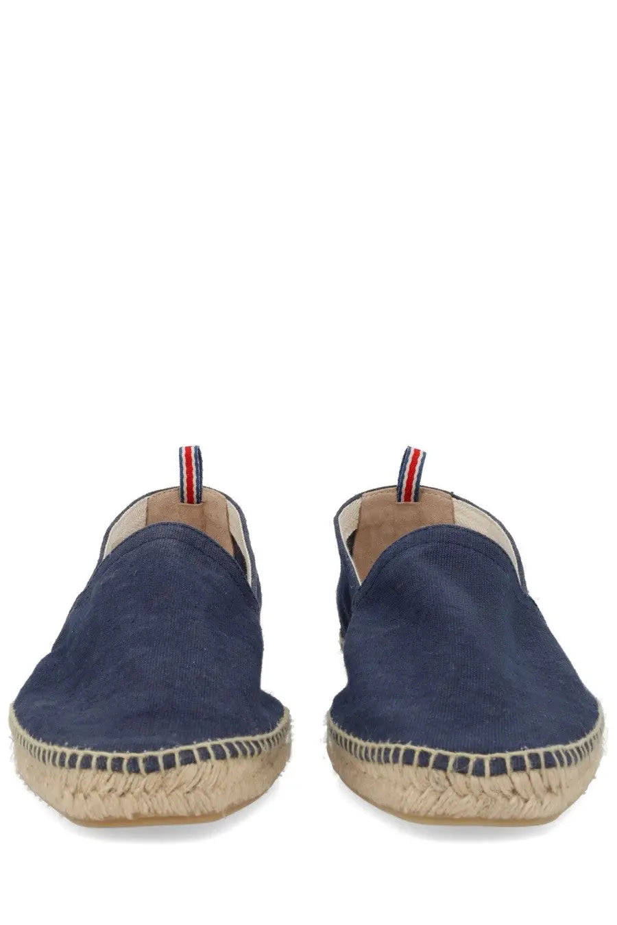 Castañer men’s espadrille Pablo blue navy suede slip-ons with woven jute sole and red white blue striped pull tabs
