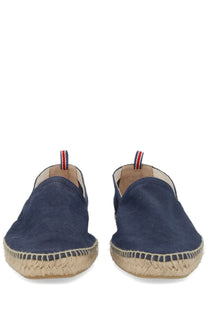 Castañer men’s espadrille Pablo blue navy suede slip-ons with woven jute sole and red white blue striped pull tabs