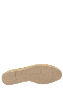 Beige espadrille sole of castañer men’s moccasin nacho featuring woven jute texture and embossed brand logo