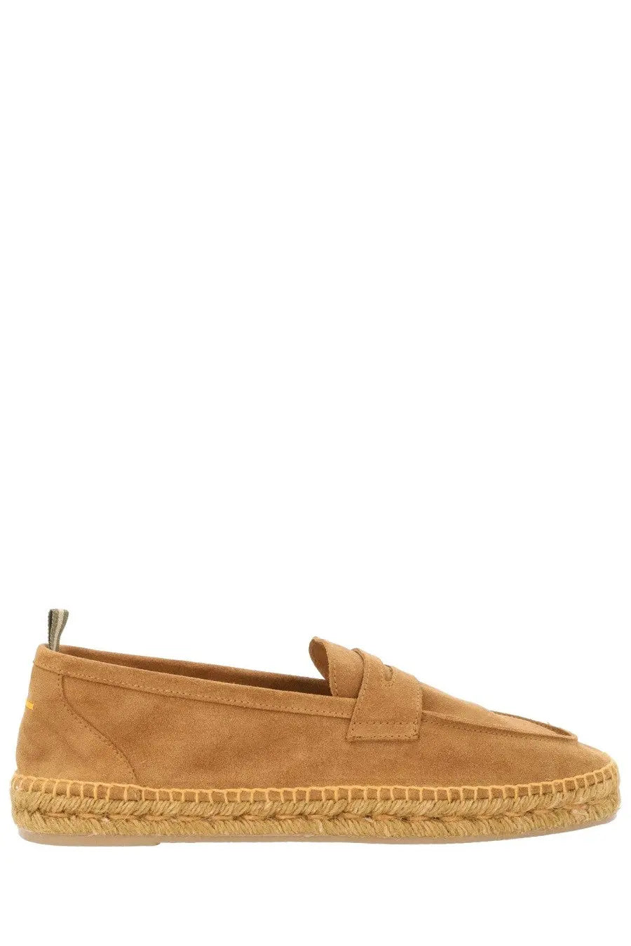 Castañer men’s moccasin nacho beige tan suede espadrille loafer with woven jute sole and leather tab at the toe