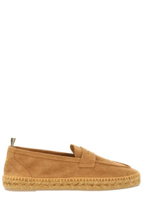 Castañer men’s moccasin nacho beige tan suede espadrille loafer with woven jute sole and leather tab at the toe