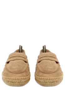 Castañer men’s moccasin nacho beige tan suede espadrille loafers with woven jute sole and striped pull tabs