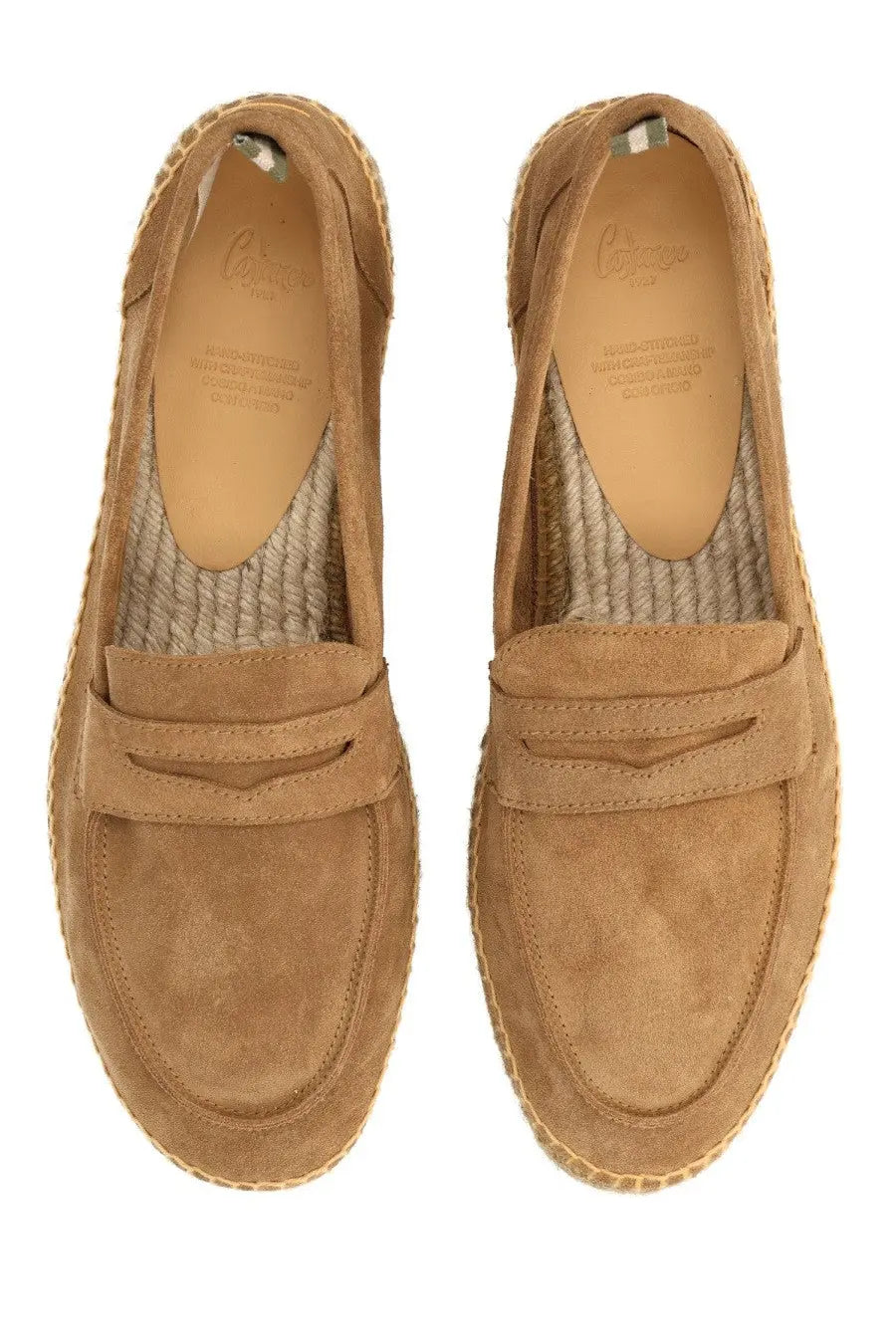 Castañer men’s moccasin nacho beige tan suede loafers with woven espadrille sole and moccasin-style strap