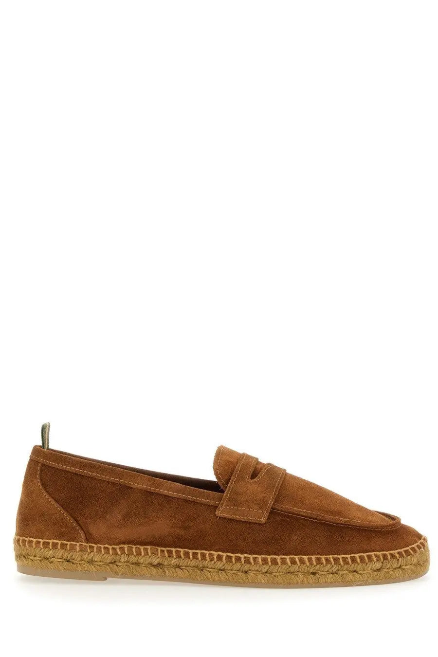 Castañer men’s moccasin nacho brown tan suede espadrille loafer with woven jute sole and classic strap