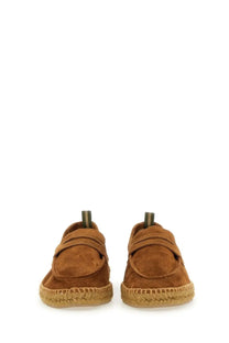 Castañer men’s moccasin nacho brown tan suede espadrille loafers with woven jute sole and green striped pull tabs