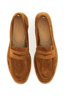 Tan suede espadrille loafers with woven jute sole and moccasin stitching by castañer men’s moccasin nacho brown