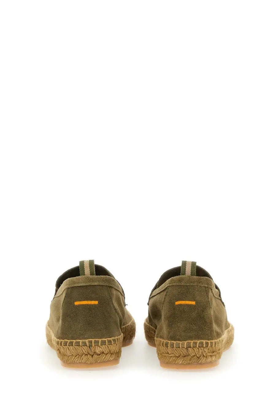 Castañer men’s moccasin nacho green olive suede espadrille slip-on shoes with woven jute sole and orange heel stripe back view