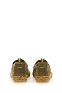 Castañer men’s moccasin nacho green olive suede espadrille slip-on shoes with woven jute sole and orange heel stripe back view