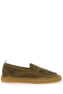 Castañer men’s moccasin nacho green olive green suede loafer with woven espadrille sole front view