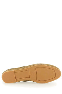 Tan rubber sole with woven espadrille style upper on castañer men’s moccasin nacho green