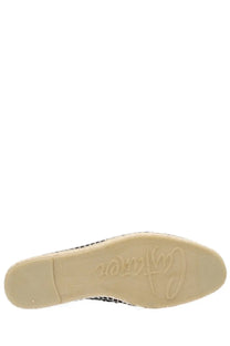 Beige espadrille sole with woven texture and cafar brand embossed in cursive on the back of castañer men’s moccasin nile blue