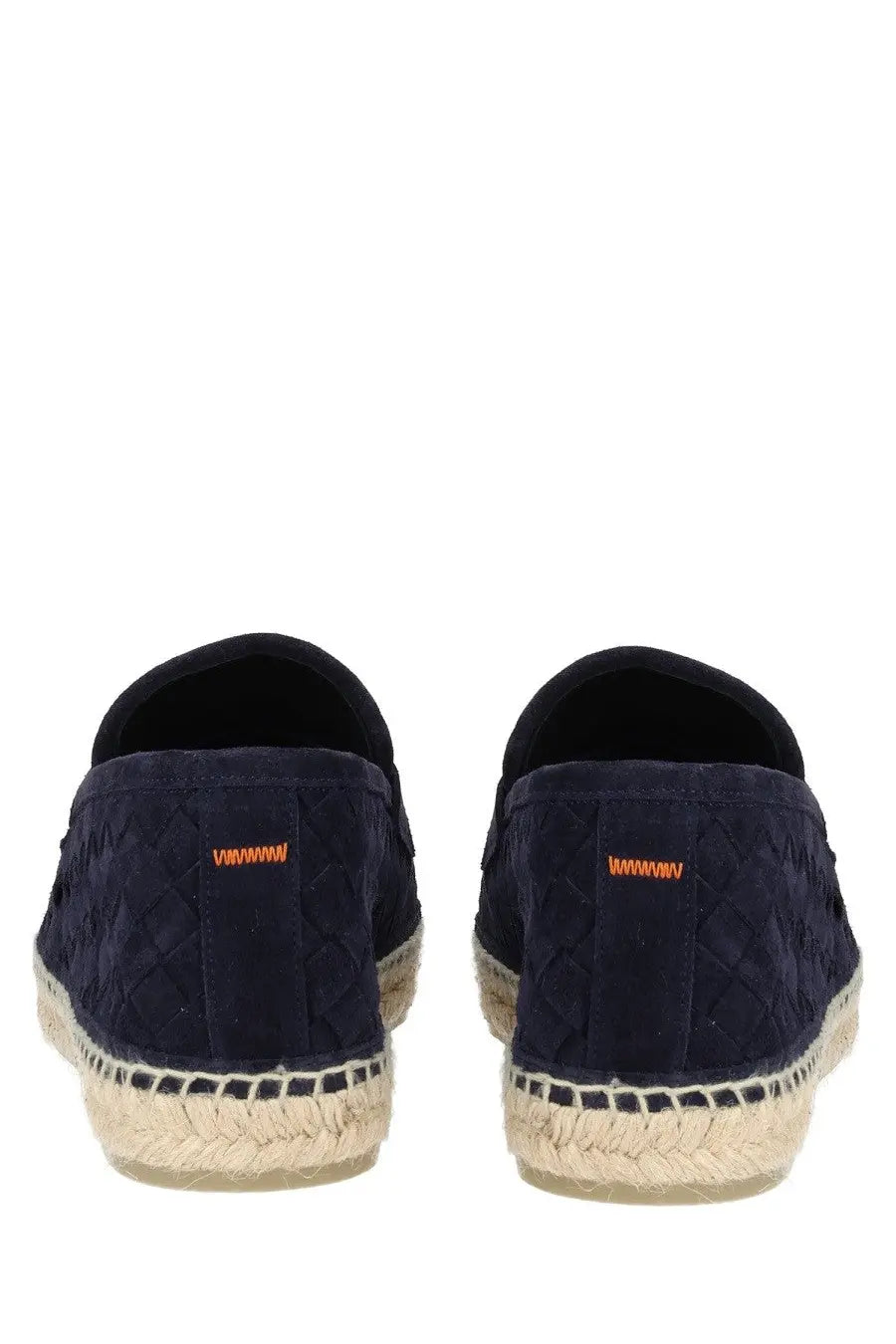 Navy blue suede espadrille loafers with woven texture and orange stitching from Castañer men’s moccasin Nile Blue