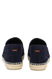 Navy blue suede espadrille loafers with woven texture and orange stitching from Castañer men’s moccasin Nile Blue