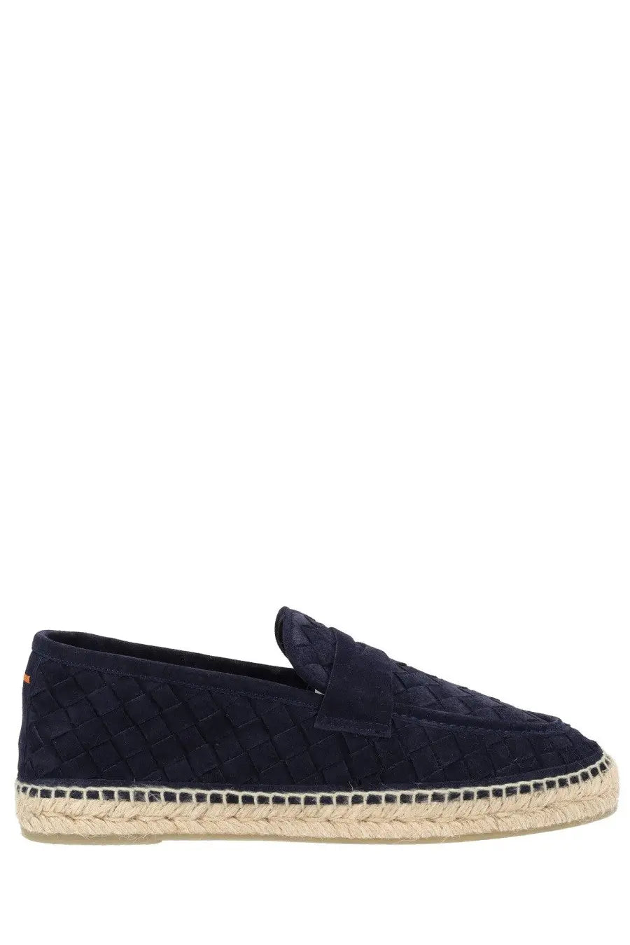 Navy blue suede loafers with woven texture and espadrille sole from Castañer men’s moccasin Nile blue collection