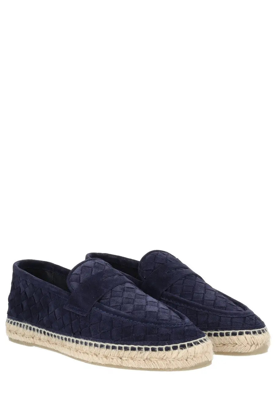 Castañer men’s moccasin Nile blue navy suede loafers with woven texture and espadrille style soles