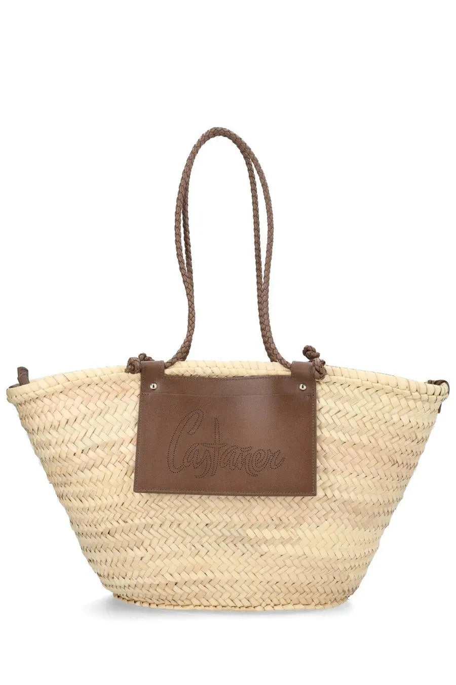 Castañer women’s beige woven straw tote bag with brown leather handles and embossed cayman leather patch