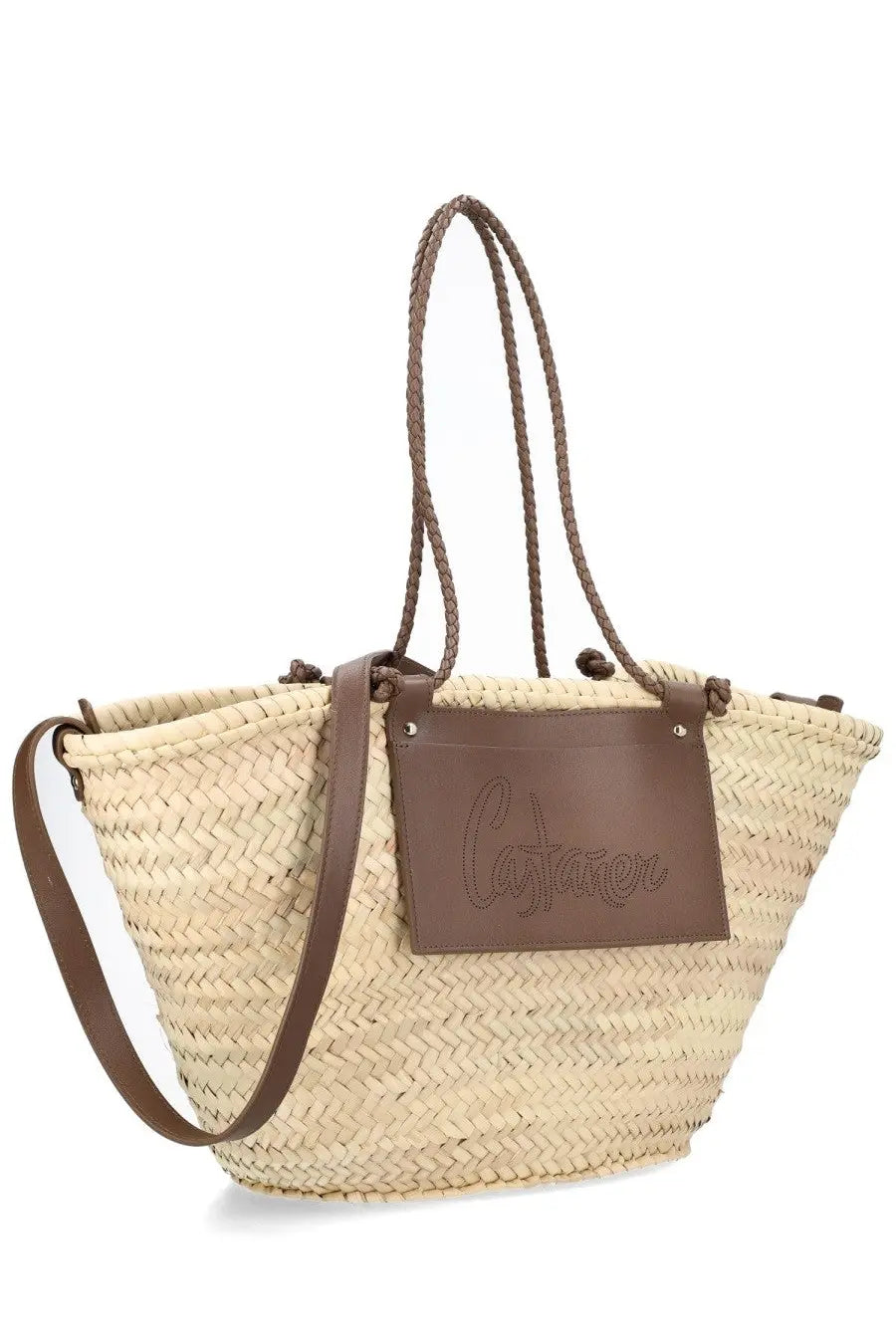 Beige woven straw tote bag with brown leather handles and cataract leather patch castañer women’s bag campania beige