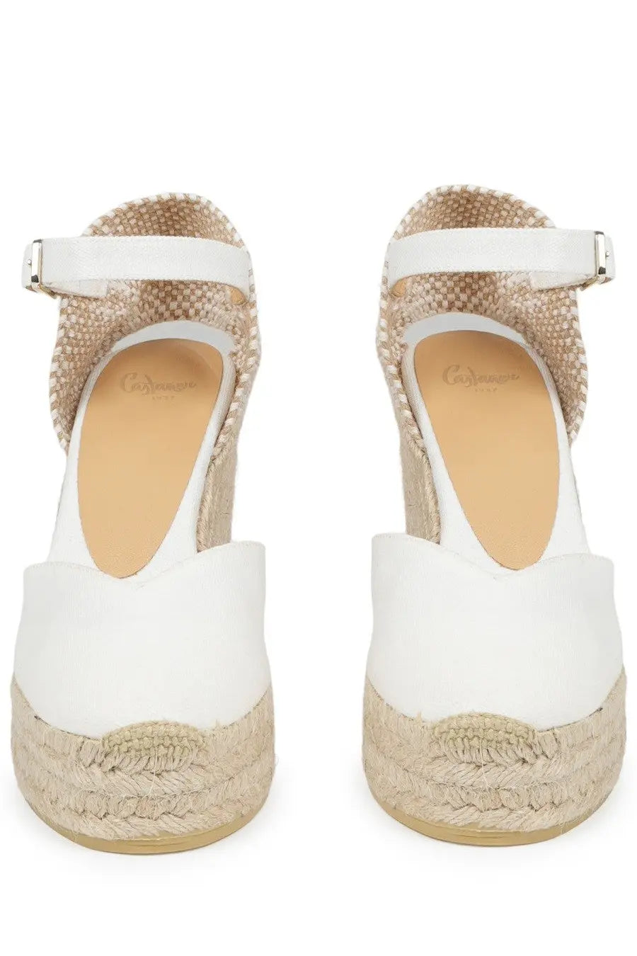 Castañer women’s espadrilla chiarita con zeppa white leather wedge sandals with woven jute sole and ankle strap