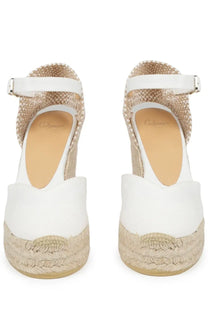 Castañer women’s espadrilla chiarita con zeppa white leather wedge sandals with woven jute sole and ankle strap