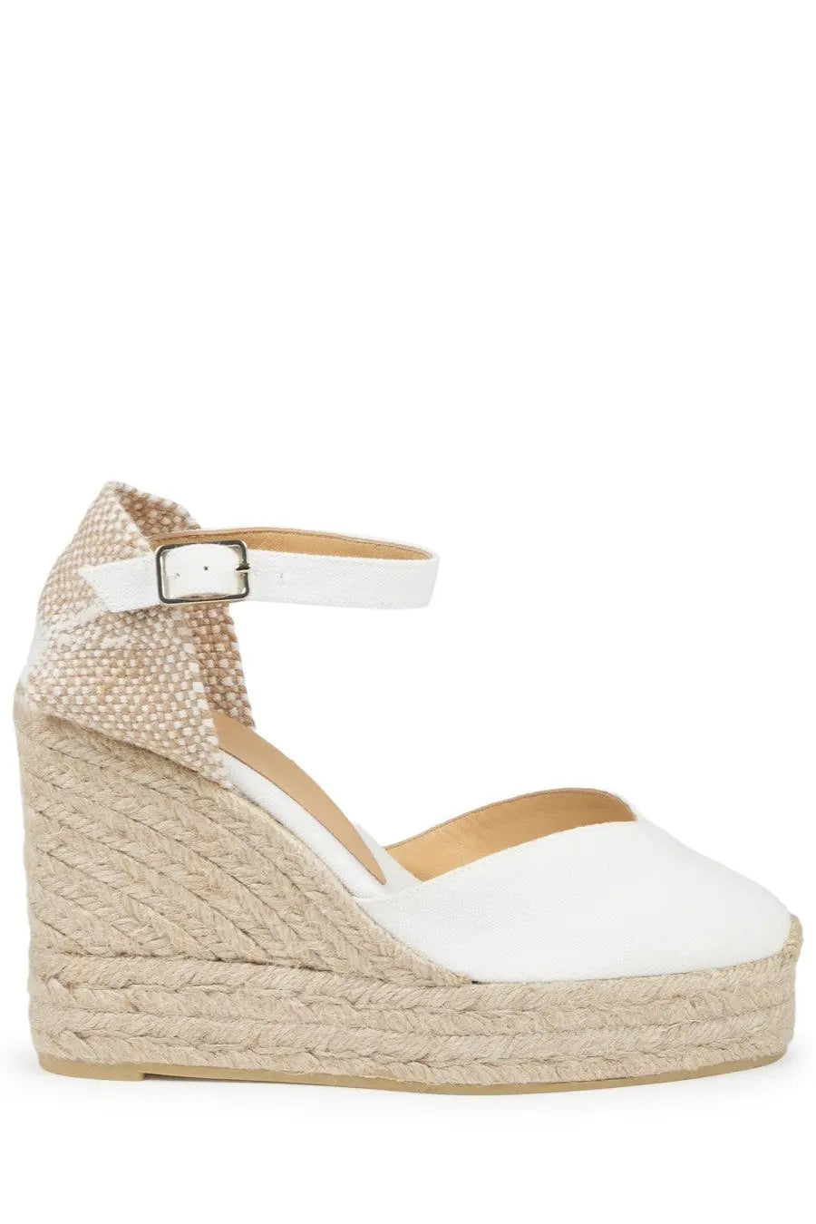 Castañer women’s espadrilla Chiarita con zeppa white leather wedge sandal with woven jute heel and ankle strap