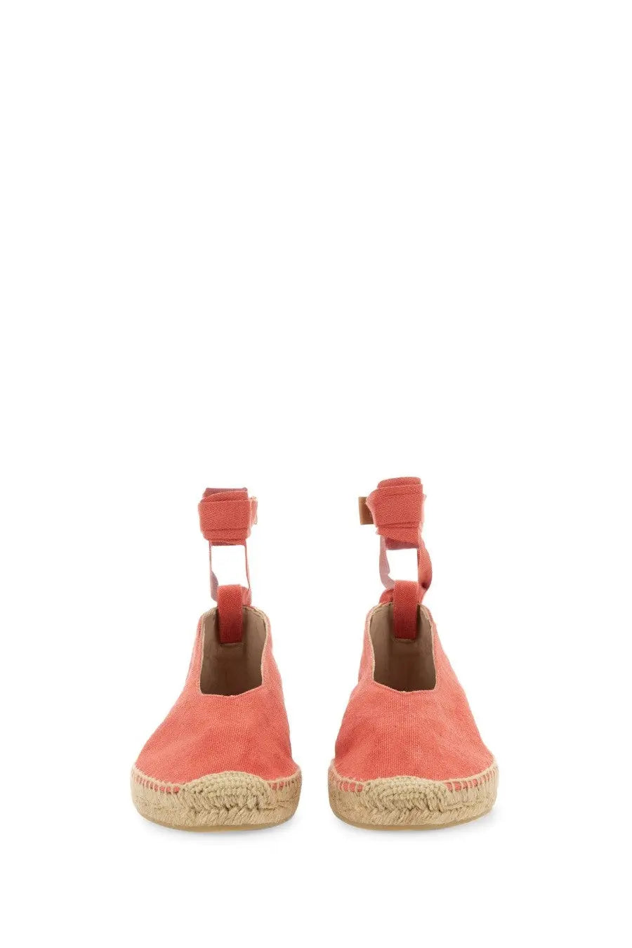 Coral-colored castañer women’s espadrilla gea sandals with woven jute sole and adjustable ankle strap