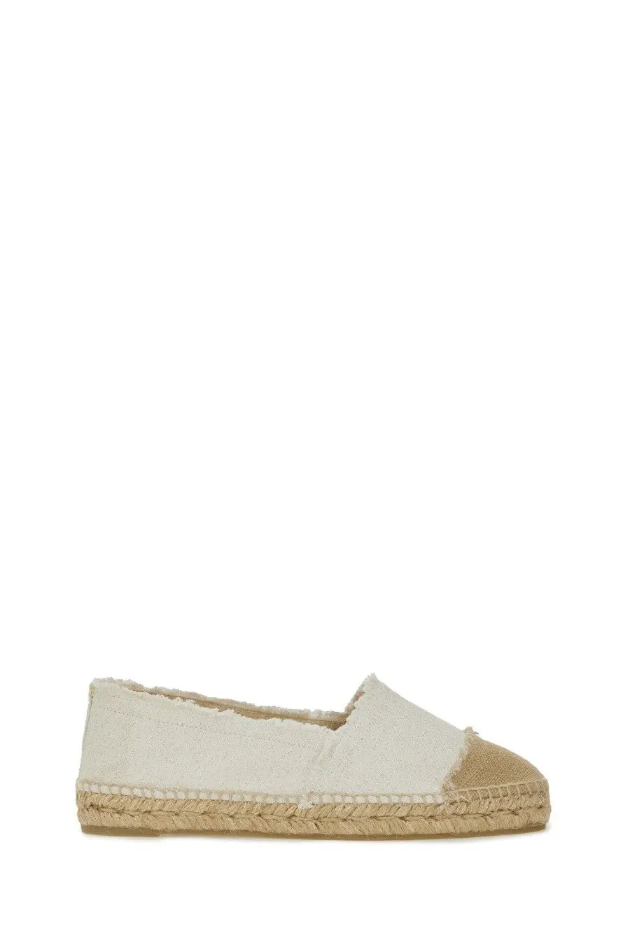 Castañer women’s espadrilla Kampala white slip-on shoe with white canvas upper and beige woven jute toe cap and sole
