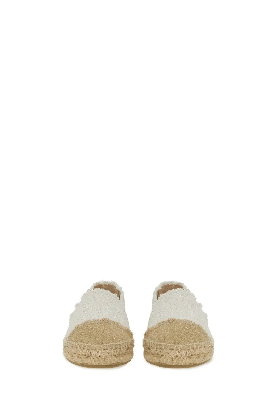 Castañer women’s espadrilla Kampala white canvas espadrilles with beige woven jute sole and frayed edges