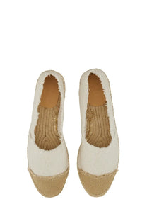 Cream-colored Castañer women’s espadrilla Kampala flats with frayed canvas upper and woven jute sole