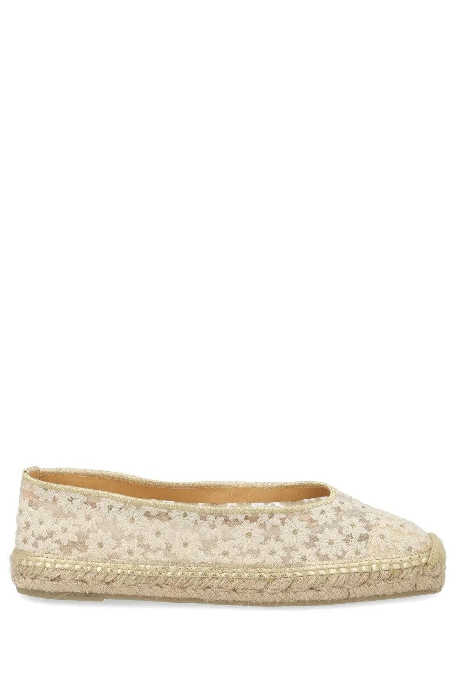 Castañer women’s espadrilla paoli beige flat shoe with floral lace upper and woven jute sole