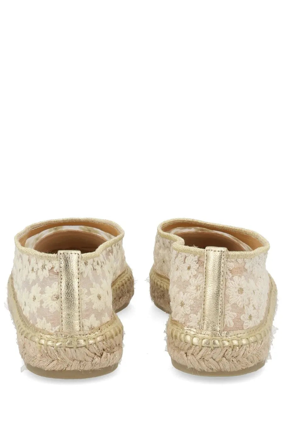 Castañer women’s espadrilla Paoli beige lace espadrilles with gold metallic accents and woven jute soles