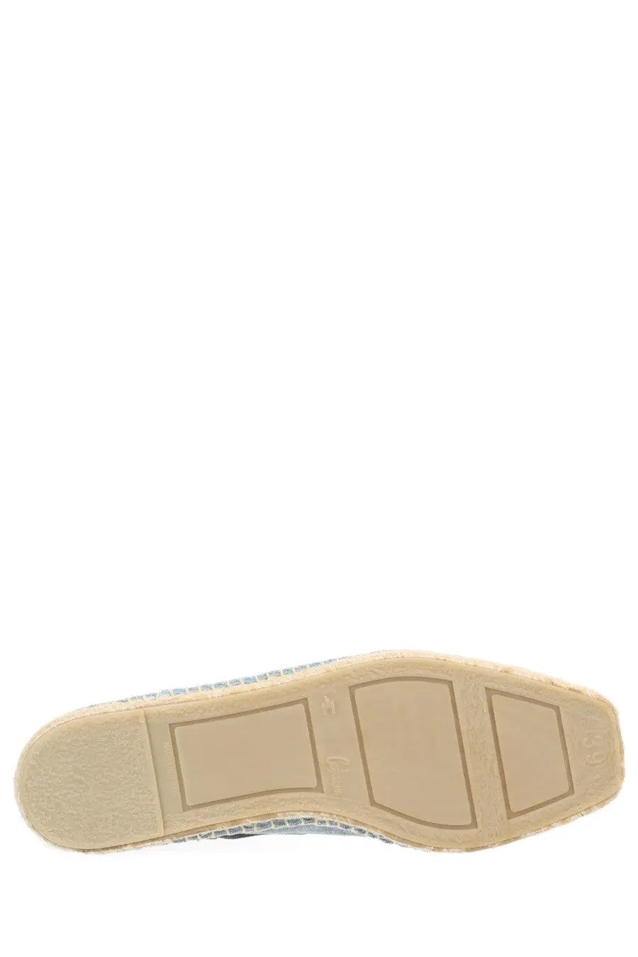 Beige rubber sole with textured rectangular pattern and subtle stitching on castañer women’s espadrilla petunia blue