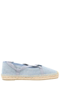 Light blue canvas espadrille flat with woven jute sole and matching fabric straps by Castañer for women