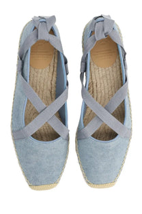 Castañer women’s espadrilla petunia light blue canvas shoes with gray woven straps and braided jute sole