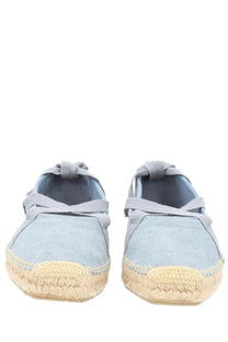 Castañer women’s espadrilla petunia blue light blue denim espadrilles with woven jute soles and gray laces