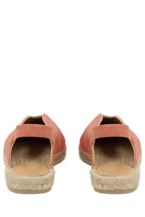 Castañer women’s espadrilla Rania coral suede sandals with woven jute sole and elastic strap