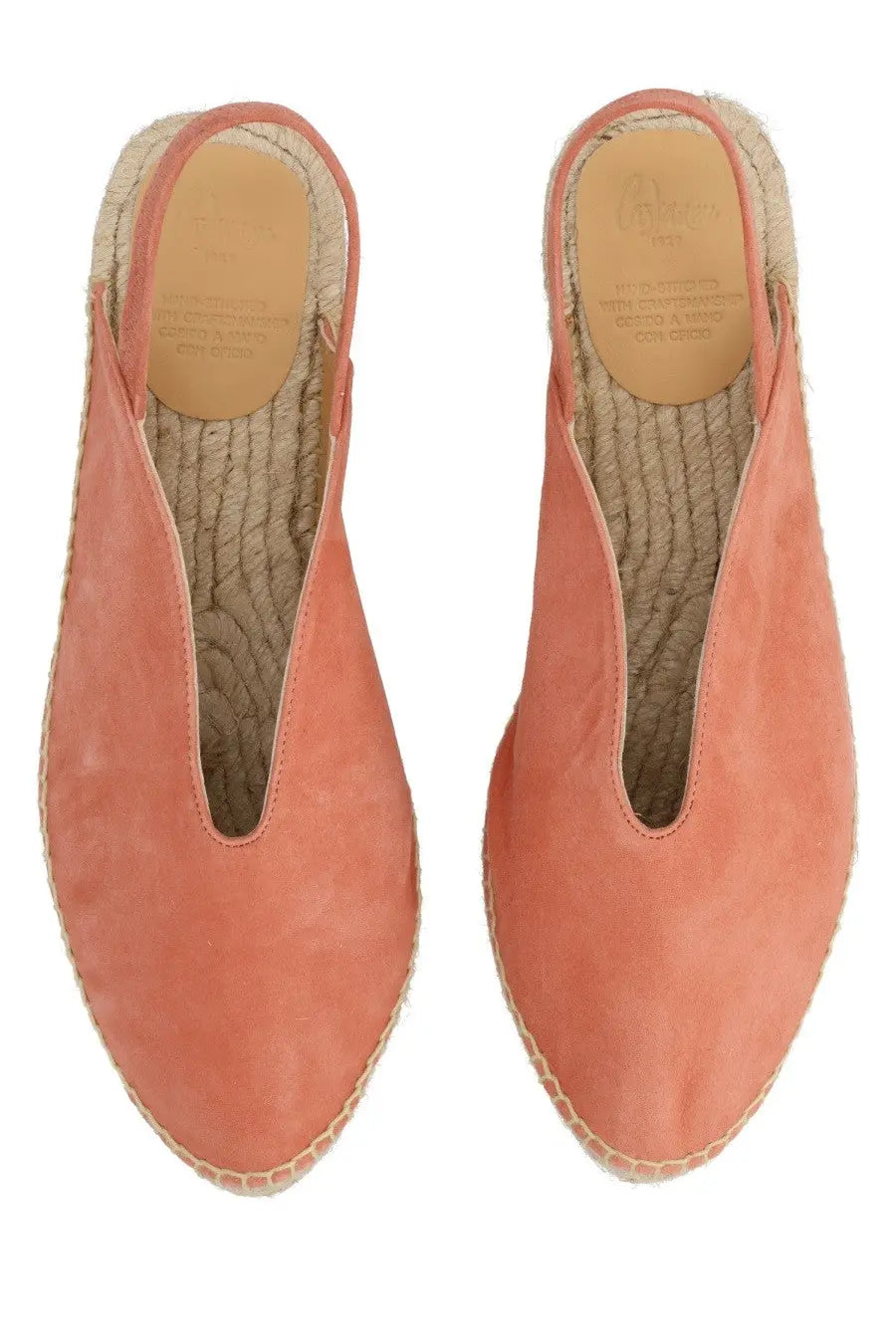 Coral suede espadrille clogs with woven jute sole and elastic side strap from castañer women’s espadrilla rania blue