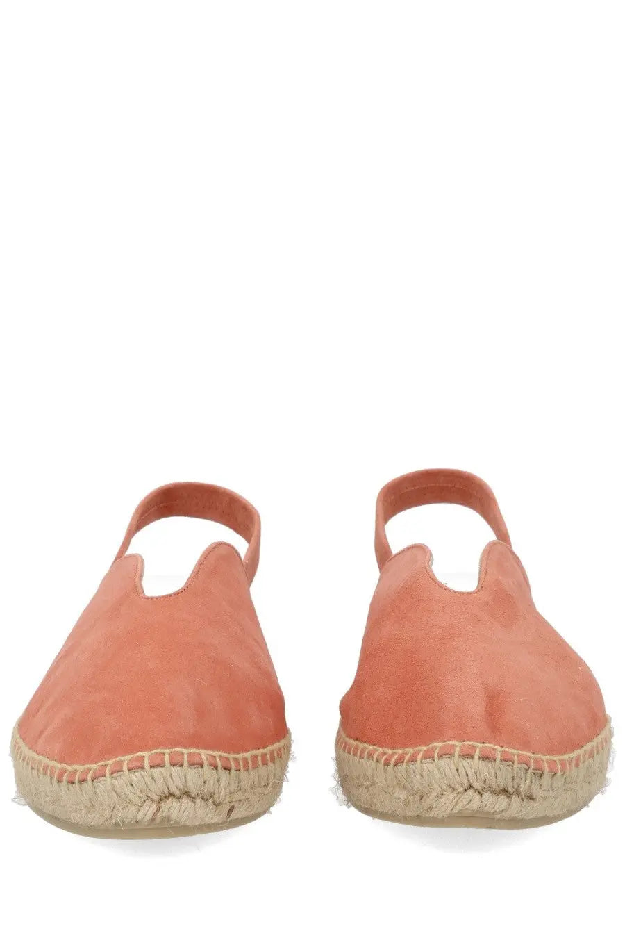 Coral suede espadrille sandals with woven jute sole and ankle strap from castañer women’s espadrilla rania blue collection