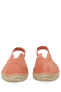 Coral suede espadrille sandals with woven jute sole and ankle strap from castañer women’s espadrilla rania blue collection