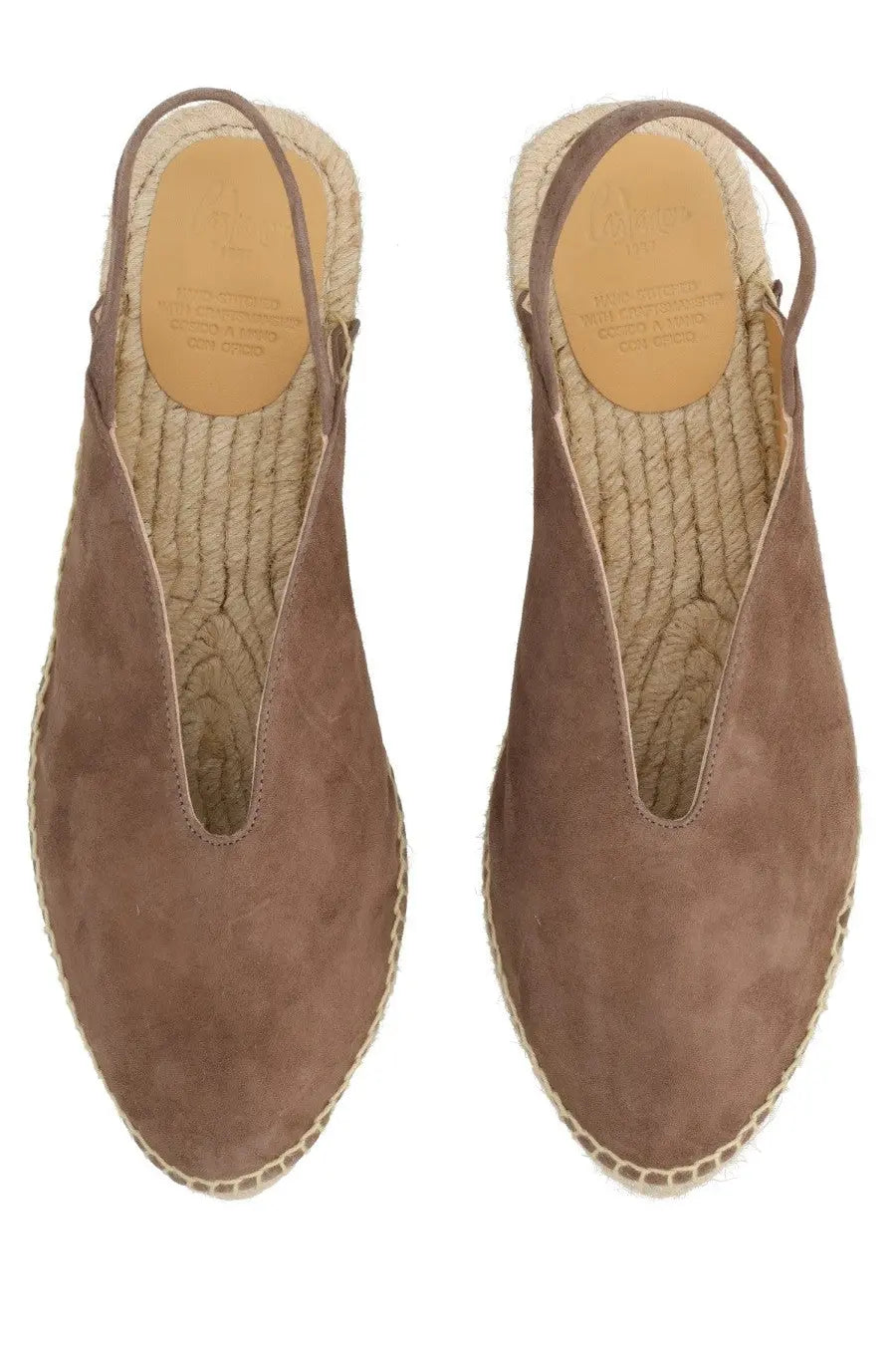 Brown suede espadrille sandals with woven jute sole and ankle strap from castañer women’s espadrilla rania brown